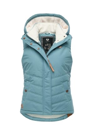 Gilet imbottito azzurro chiaro con cappuccio, chiusura con zip, interno in pile e design trapuntato. Presenta due tasche frontali e un'etichetta con marchio.