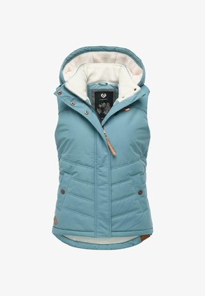 Gilet imbottito azzurro chiaro con cappuccio, chiusura con zip, interno in pile e design trapuntato. Presenta due tasche frontali e un'etichetta con marchio.