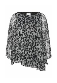 Genomskinlig blus med svart och grå leopardmönster, vid halsringning, långa lösa ärmar och en asymmetrisk nederkant.