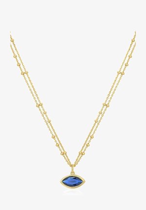 Złota naszyjnik z dwoma pasmami i niebieskim wisiorkiem w kształcie marquise. Teksturowany łańcuszek z małymi koralikami jako akcenty.