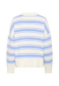 Pull blanc avec des rayures horizontales bleu clair espacées uniformément, poignets et ourlet côtelés, vue complète de dos.