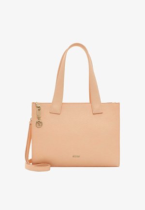 Persikka värvi nahaist kott, millel on tekstureeritud pind, kahekordsed käepidemed ja eemaldatav õlarihm; sisaldab kuldset riistvara.