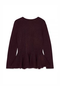 Burgundská blúzka s dlhým rukávom, rozšíreným lemom, mäkkou pletenou textúrou a zaobleným výstrihom. Dizajn obsahuje hladké švy a minimálne detaily.