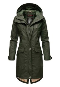 Imperméable long vert foncé avec capuche, fermeture éclair à l'avant, poches à rabat boutonnées, poignets ajustables et doublure intérieure florale.