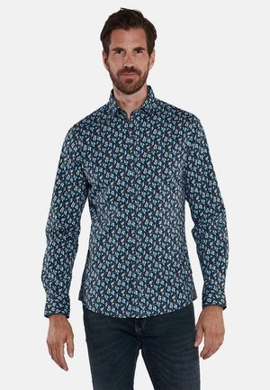 Langärmliges Hemd in Marineblau mit floralem Muster, das blaue und weiße Akzente aufweist. Hergestellt aus leichtem Stoff mit klassischem Kragen.