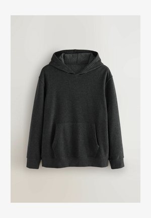 Donkergrijze hoodie met lange mouwen en een voorste kangaroo zak, weergegeven op een effen lichte achtergrond.