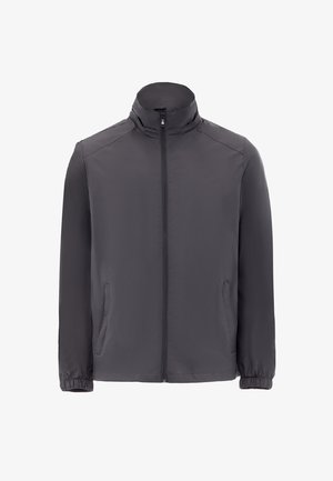 Dark gray lightweight jacket with a high collar, full front zipper, elastic cuffs, and two side pockets. Smooth, water-resistant fabric.