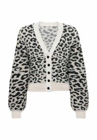 Leopardmönstrad cardigan i svart och vitt, med V-ringning, långa ärmar, knappstängning och ribbade manschetter och fåll.