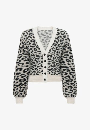 Karoblumen-Kartegan in Schwarz und Weiß, mit V-Ausschnitt, langen Ärmeln, durchgeknöpftem Vorderteil sowie gerippten Bündchen und Saum.