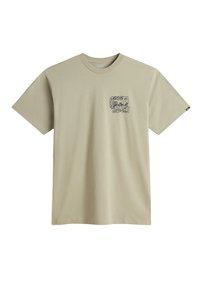 Camiseta de algodón beige de manga corta y cuello redondo, que presenta un pequeño diseño gráfico en la parte izquierda del pecho.