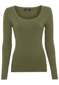 Olivi vihreä verkkokudottu pitkähiha sweater, jossa on leveä pyöreä kaula-aukko, slim fit -malli ja tekstuurinen kangas mukautuvan istuvuuden takaamiseksi.