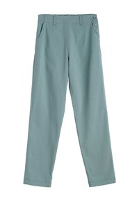 Pantaloni verde chiaro in tessuto. Presentano un taglio dritto, tasche laterali e dettagli con tre bottoni in vita. Texture liscia.