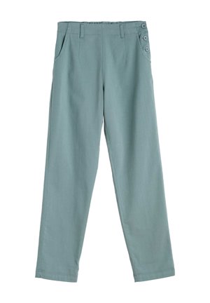 Világoszöld szövetnadrág. Egyenes szabású, oldalzsebekkel és három gombos díszítéssel a derékrészen. Sima textúra.