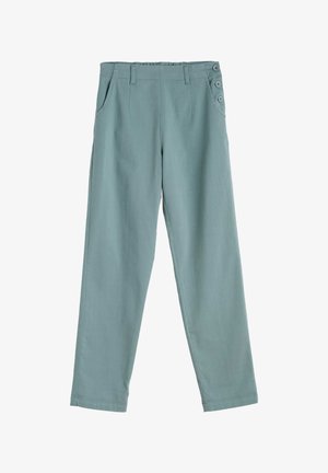 Világoszöld szövetnadrág. Egyenes szabású, oldalzsebekkel és három gombos díszítéssel a derékrészen. Sima textúra.