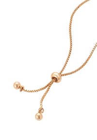 Collana in oro rosa regolabile con perla scorrevole e due ciondoli sferici su sfondo bianco.