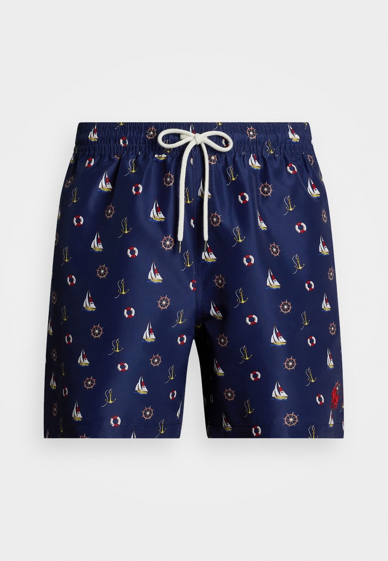 Mörkblå simshorts med ett marint mönster av segelbåtar, livboj och ankare. Har en elastisk midja och snörning.