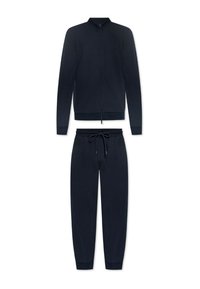 Giacca blu navy con zip e colletto rialzato, abbinata a pantaloni della tuta con cordino, entrambi con polsini e vita a costine.