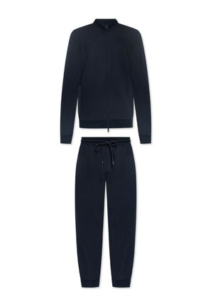 Mørkeblå zip-up jakke med ståkrave og matchende svedbukser med snor, begge med ribbede manchetter og talje.