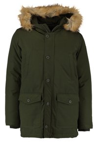Grüne Parka-Jacke mit einem mit Pelz gefütterten Kapuzen, Knopfverschluss und zwei aufgesetzten Frontklappentaschen. Hergestellt aus einem glatten, strapazierfähigen Material.