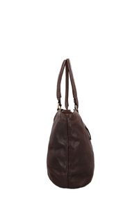Dark brown leather handbag with two long handles, shown from the side against a white background.