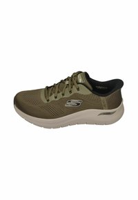 Skechers athletic shoe in olive green with mesh upper, round toe, black accents, and light-colored sole featuring "ArchFit" branding.