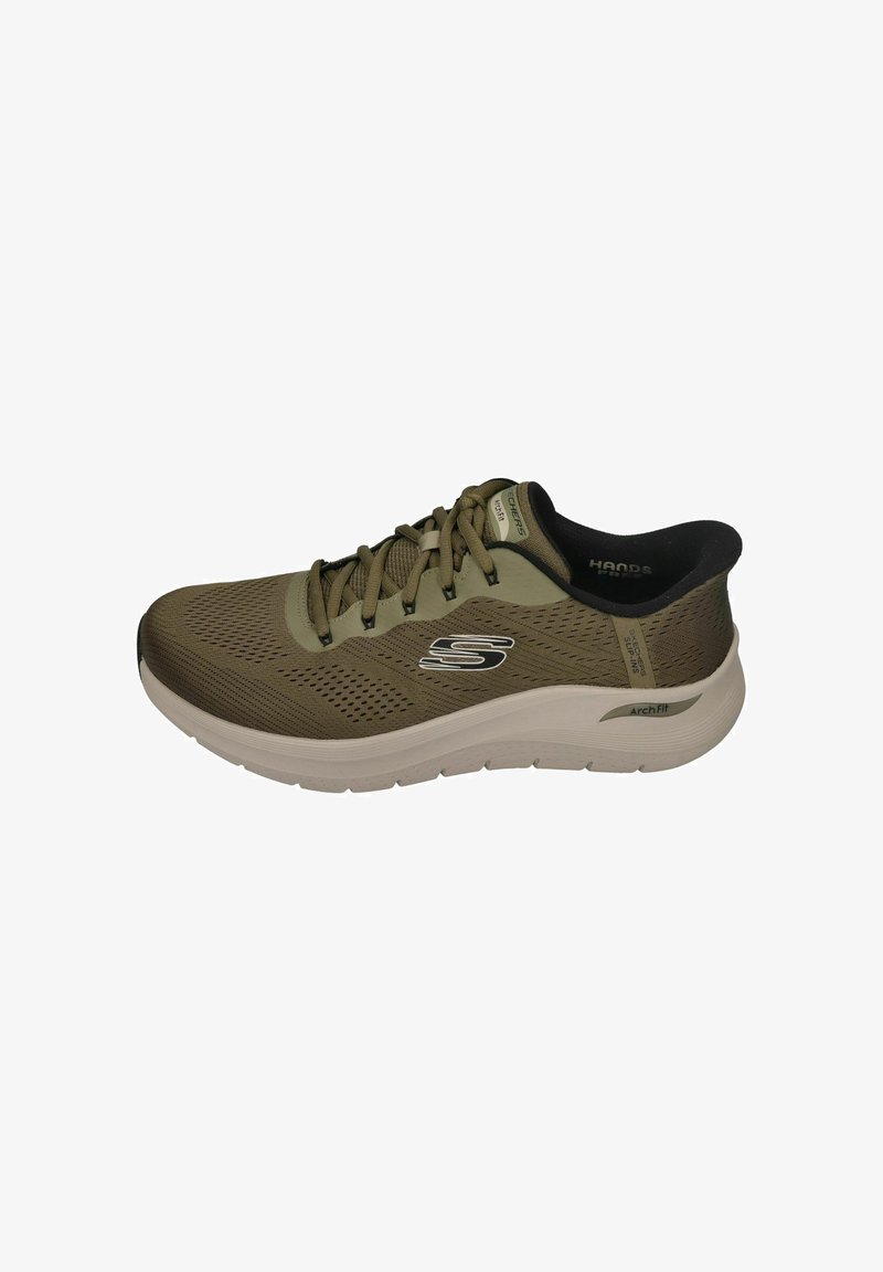 Skechers athletic shoe in olive green with mesh upper, round toe, black accents, and light-colored sole featuring "ArchFit" branding.