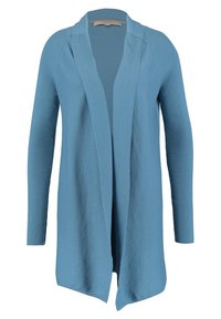 Svetr s dlouhým rukávem v světle modré barvě, s žebrovanou texturou, otevřeným předním designem a mírně širokým střihem. Měkká pletená tkanina.