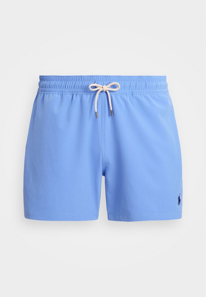 Himmelblaue Badeshorts mit elastischem Bund, Kordelzug und kleinem dunklen Logo an der unteren Seite. Glatte Stofftextur.