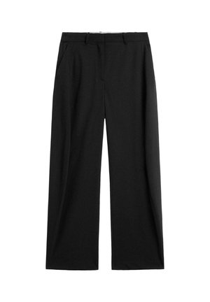 Wide-leg black trousers made of a smooth fabric, featuring two side pockets and a tailored waistband with belt loops.