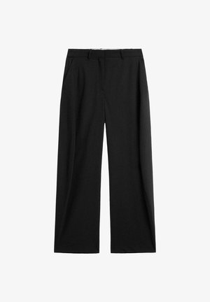 Schwarzweite Hosen aus einem glatten Stoff, versehen mit zwei Seitentaschen und einem taillierten Bund mit Gürtelschlaufen.