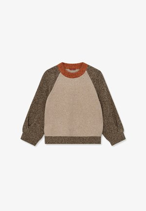 Pletena jopica z bež telesom, rjavimi in oljčnimi zelenimi raglan rokavi ter oranžnim rebrastim ovratnikom. Tekstura po celotni površini.