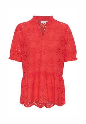 Blusa rossa ricamata con scollatura arricciata, maniche puff corte e vita arricciata con bordo scallop.