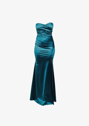 Teal satijnen strapless avondjurk met gerimpelde buste en een hoog split aan de linkerkant.