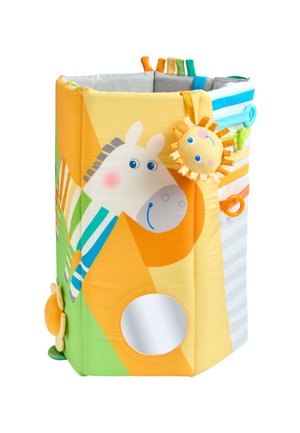 Soft fabric baby activity cube with colorful animal designs, a small mirror, and attached sun-shaped plush toy for sensory play.