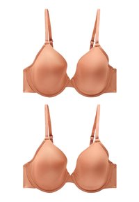 Reggiseno imbottito marrone con spalline regolabili, texture liscia e design senza cuciture. Presenta una scollatura moderata e supporto con ferretto.