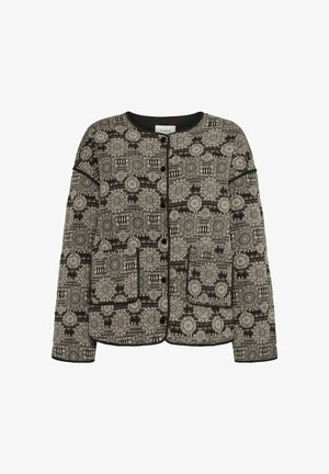 prešívaná bunda s čierno-bielym kvetinovým vzorom, okrúhlym výstrihom, dvoma prednými vreckami a zapínaním na gombíky. Mäkká textúra so štruktúrovaným strihom.