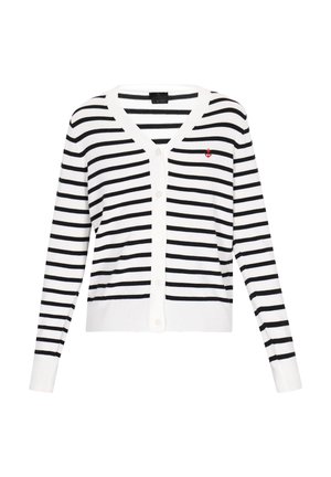 Black and white striped cardigan with a V-neck, long sleeves, and a button-down front. Features a small red anchor on the left chest.