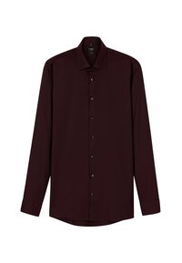 Burgunderfarbendes Langarmhemd mit strukturiertem Muster, schwarzen Knöpfen, klassischem Kragen und Knopfmanschetten, mit abgerundetem Saum.