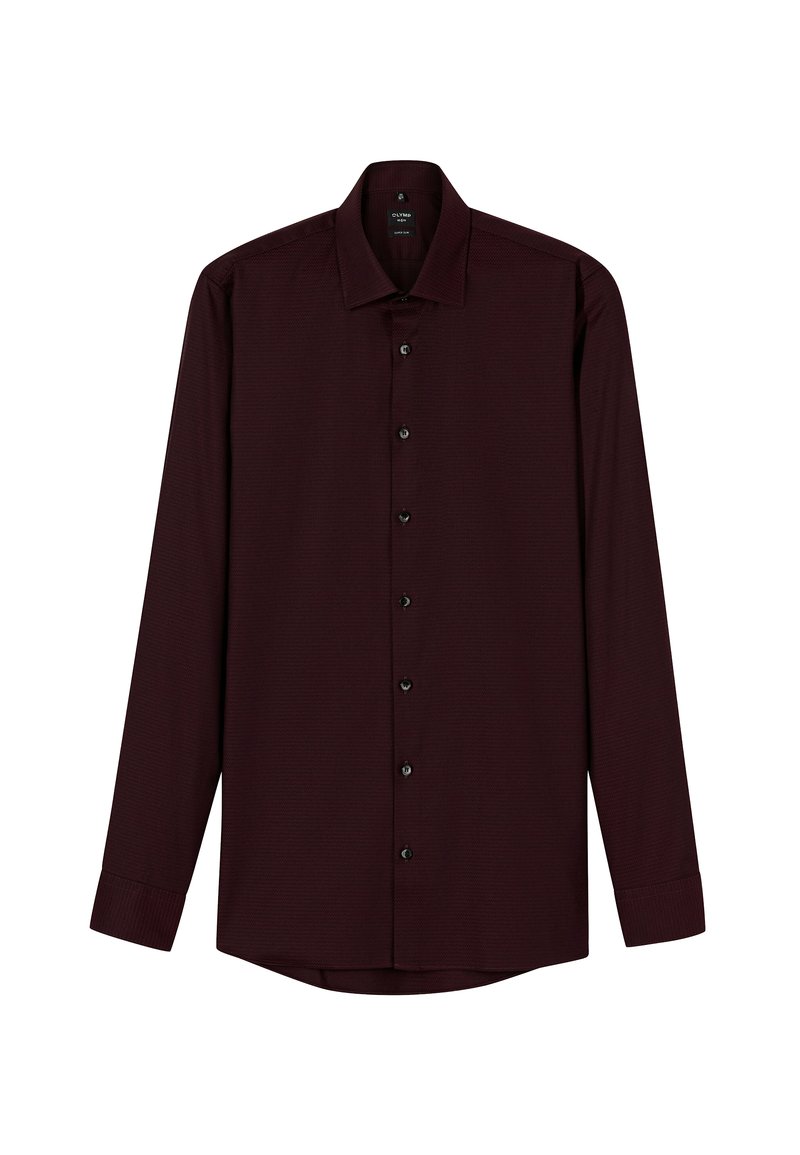 Burgunderfarbendes Langarmhemd mit strukturiertem Muster, schwarzen Knöpfen, klassischem Kragen und Knopfmanschetten, mit abgerundetem Saum.
