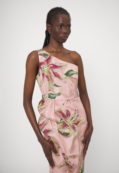 One-shoulder pink satin dress adorned with vibrant floral embroidery, featuring a gathered waist and smooth texture.