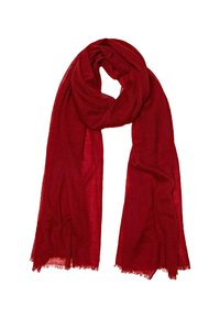 Deep red lightweight scarf with a soft, slightly sheer texture and fringed edges, loosely folded with a loop at the top.