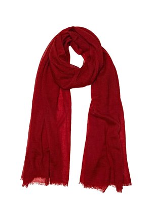 Deep red lightweight scarf with a soft, slightly sheer texture and fringed edges, loosely folded with a loop at the top.