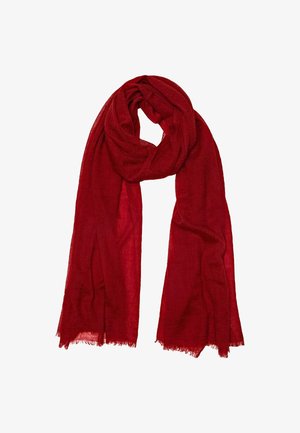 Écharpe légère rouge profond avec une texture douce et légèrement transparente, repliée lâchement avec une boucle en haut.