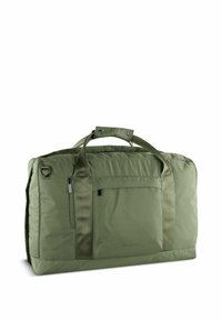 Olijfgroene duffeltas gemaakt van nylon met twee voorvakken, een met rits, en een versterkte bodem; slank, rechthoekig model.