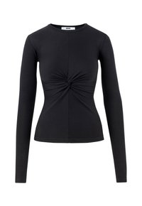 Czarna koszula z długim rękawem, wykonana z gładkiego materiału, z detalem skrętu z przodu w talii i okrągłym dekoltem.