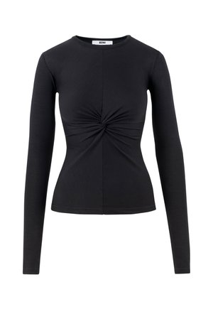 Zwarte langarmshirt van gladde stof, met een detail van een draai aan de taille en een ronde halslijn.