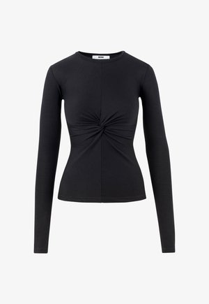 Zwarte langarmshirt van gladde stof, met een detail van een draai aan de taille en een ronde halslijn.