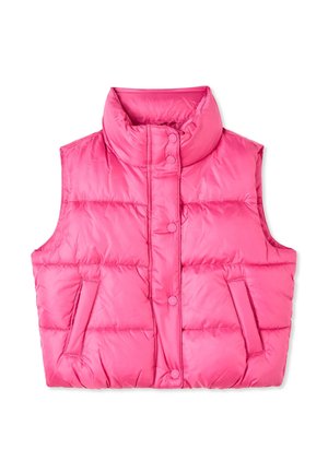 Gilet imbottito rosa senza maniche con collo alto, bottoni automatici frontali e due tasche laterali.