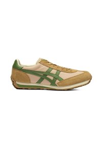 Sneaker in suede e mesh beige con accenti verdi; presenta un profilo classico, punta rotonda e suola in gomma testurizzata per una migliore aderenza.