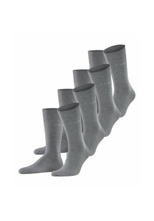 Graue Baumwollsocken im Paket mit sechs Paaren, ausgestattet mit einer glatten Textur, mittellanger Länge und gerippten Bündchen für zusätzlichen Komfort und guten Sitz.